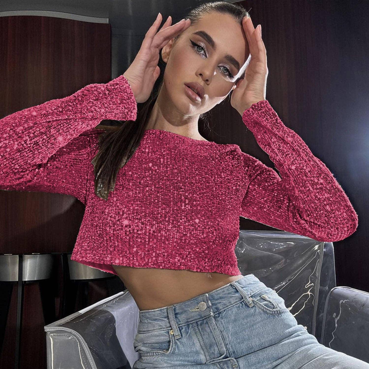 Ladies Sparkle Sequin Party Crop Top 21077 - SWEETKAMA