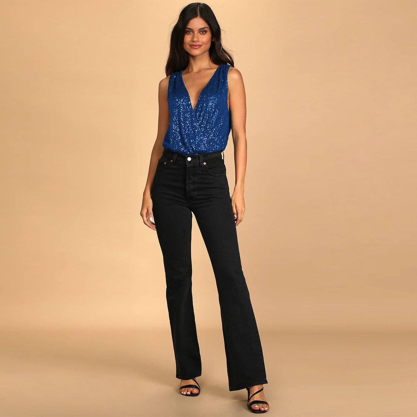 Ladies Sparkly Sequin Sleeveless V-Neck Bodysuit GKCM - SWEETKAMA