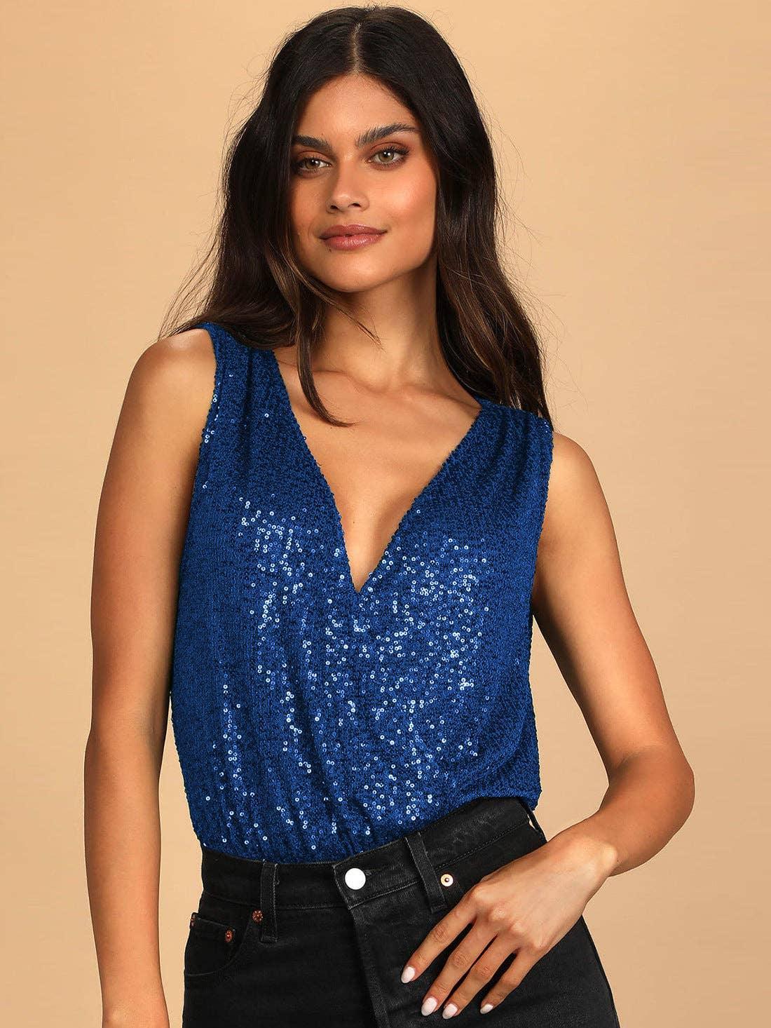 Ladies Sparkly Sequin Sleeveless V-Neck Bodysuit GKCM - SWEETKAMA