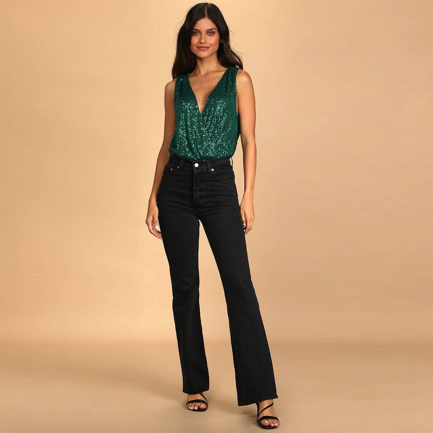 Ladies Sparkly Sequin Sleeveless V-Neck Bodysuit GKCM - SWEETKAMA