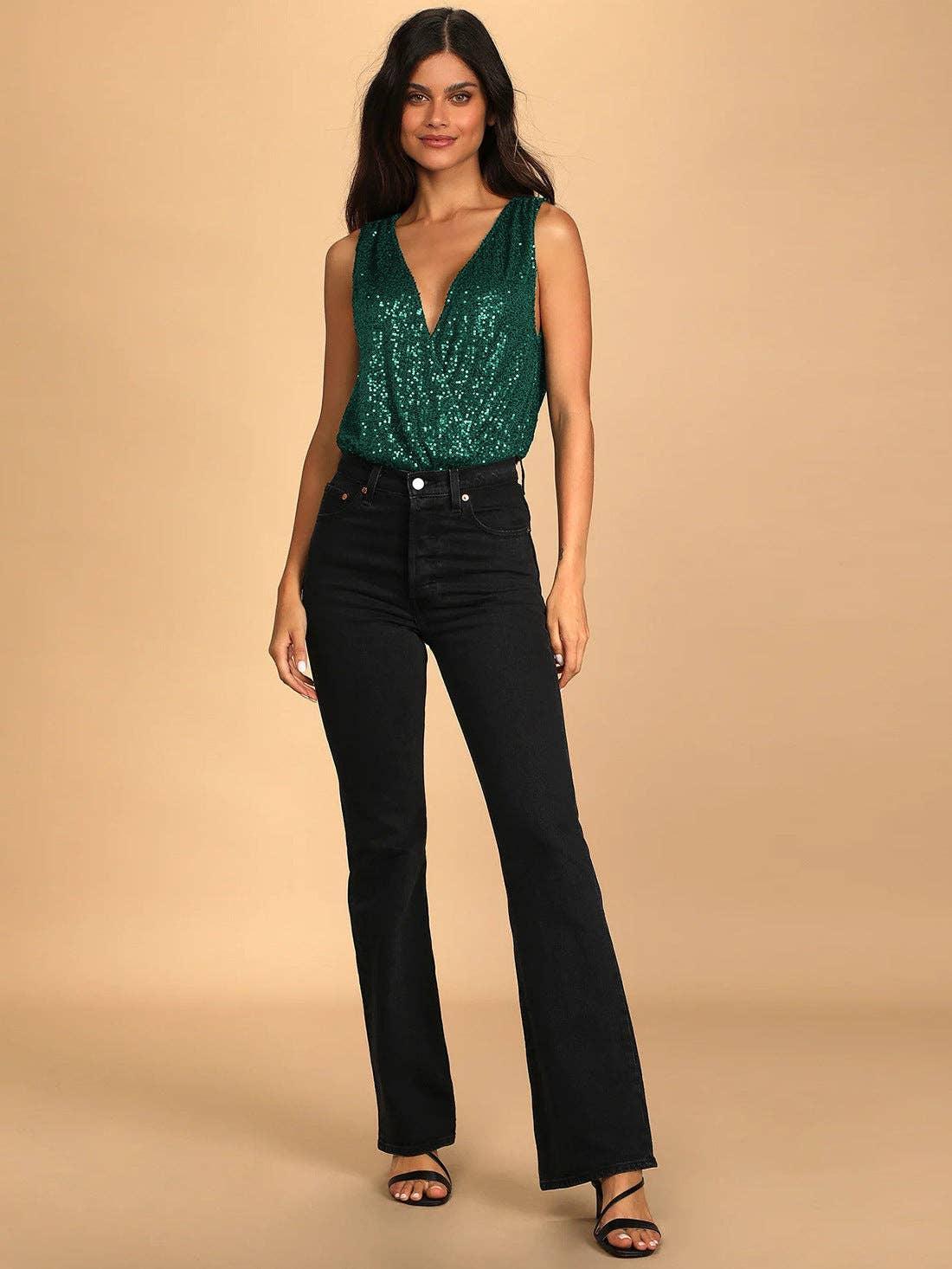 Ladies Sparkly Sequin Sleeveless V-Neck Bodysuit GKCM - SWEETKAMA