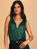 Ladies Sparkly Sequin Sleeveless V-Neck Bodysuit GKCM - SWEETKAMA