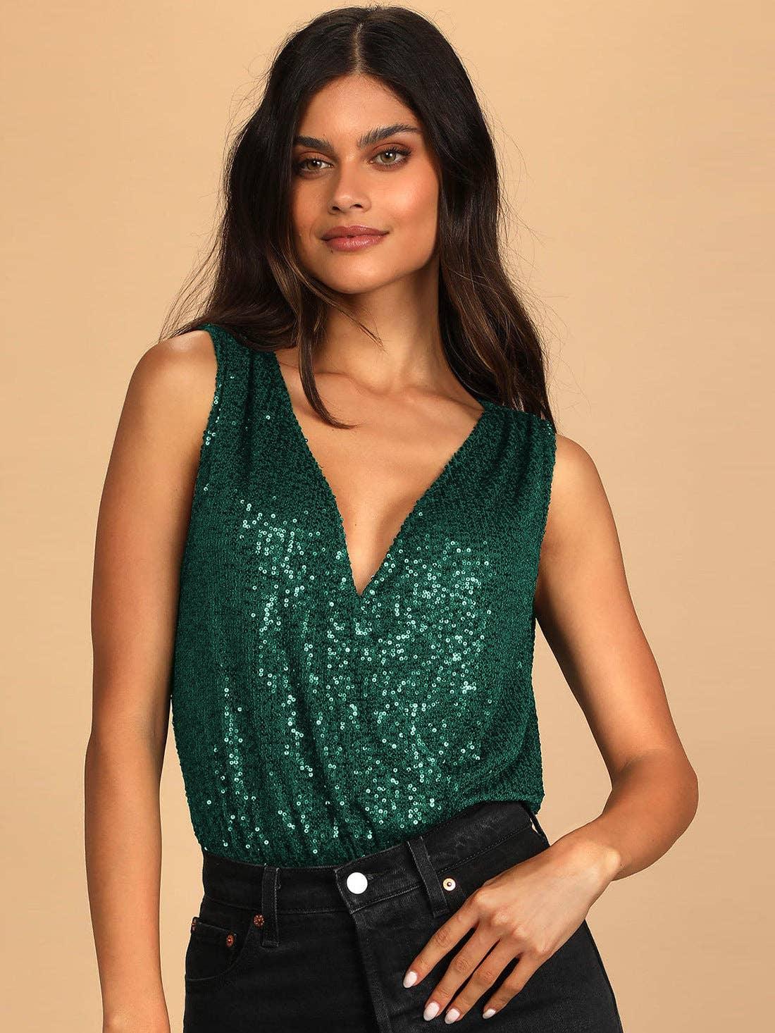Ladies Sparkly Sequin Sleeveless V-Neck Bodysuit GKCM - SWEETKAMA