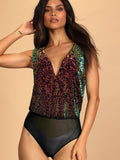 Ladies Sparkly Sequin Sleeveless V-Neck Bodysuit GKCM - SWEETKAMA