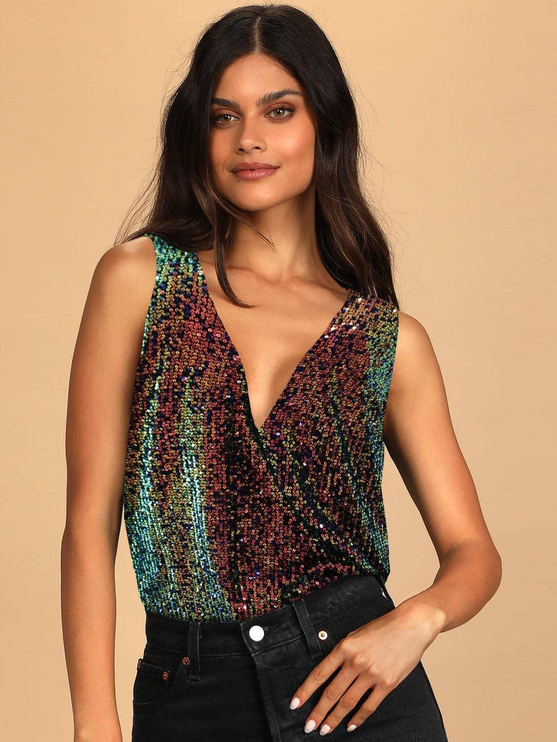 Ladies Sparkly Sequin Sleeveless V-Neck Bodysuit GKCM - SWEETKAMA