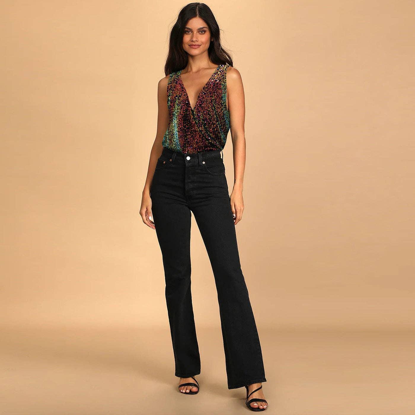 Ladies Sparkly Sequin Sleeveless V-Neck Bodysuit GKCM - SWEETKAMA
