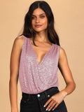 Ladies Sparkly Sequin Sleeveless V-Neck Bodysuit GKCM - SWEETKAMA