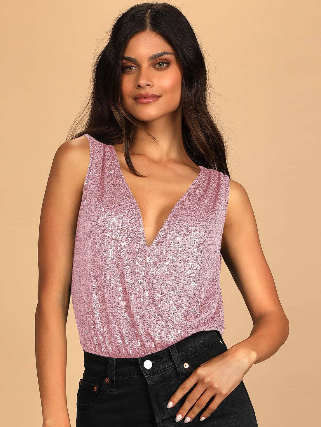 Ladies Sparkly Sequin Sleeveless V-Neck Bodysuit GKCM - SWEETKAMA