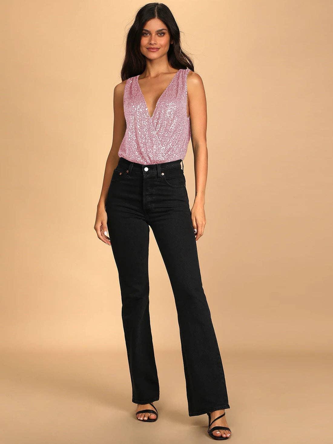 Ladies Sparkly Sequin Sleeveless V-Neck Bodysuit GKCM - SWEETKAMA