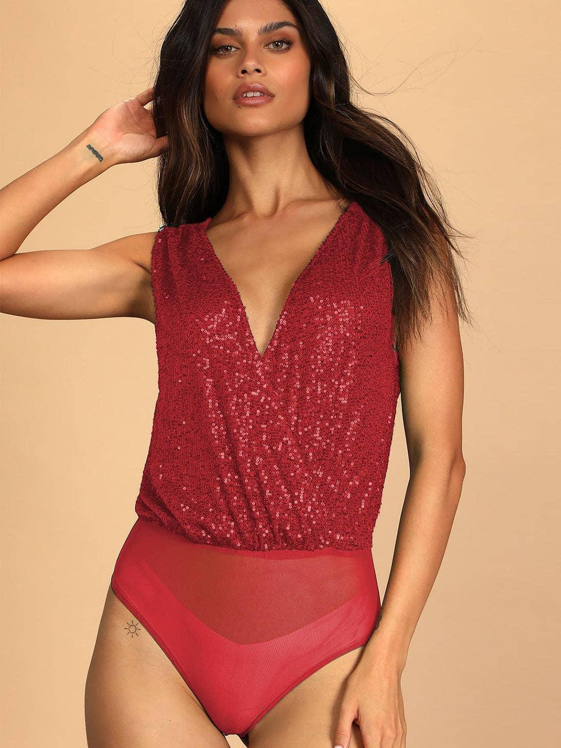Ladies Sparkly Sequin Sleeveless V-Neck Bodysuit GKCM - SWEETKAMA