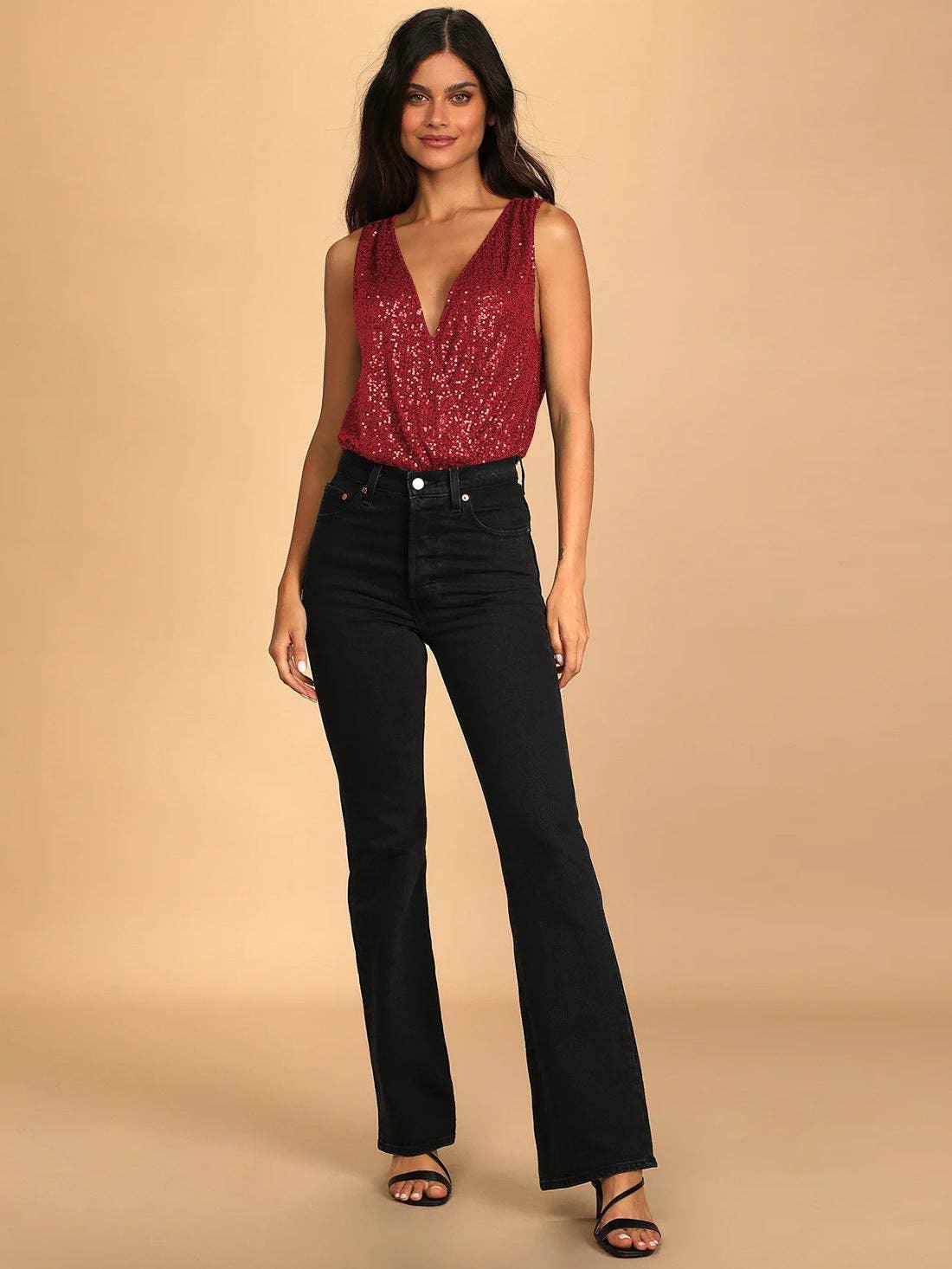 Ladies Sparkly Sequin Sleeveless V-Neck Bodysuit GKCM - SWEETKAMA