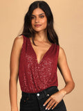Ladies Sparkly Sequin Sleeveless V-Neck Bodysuit GKCM - SWEETKAMA