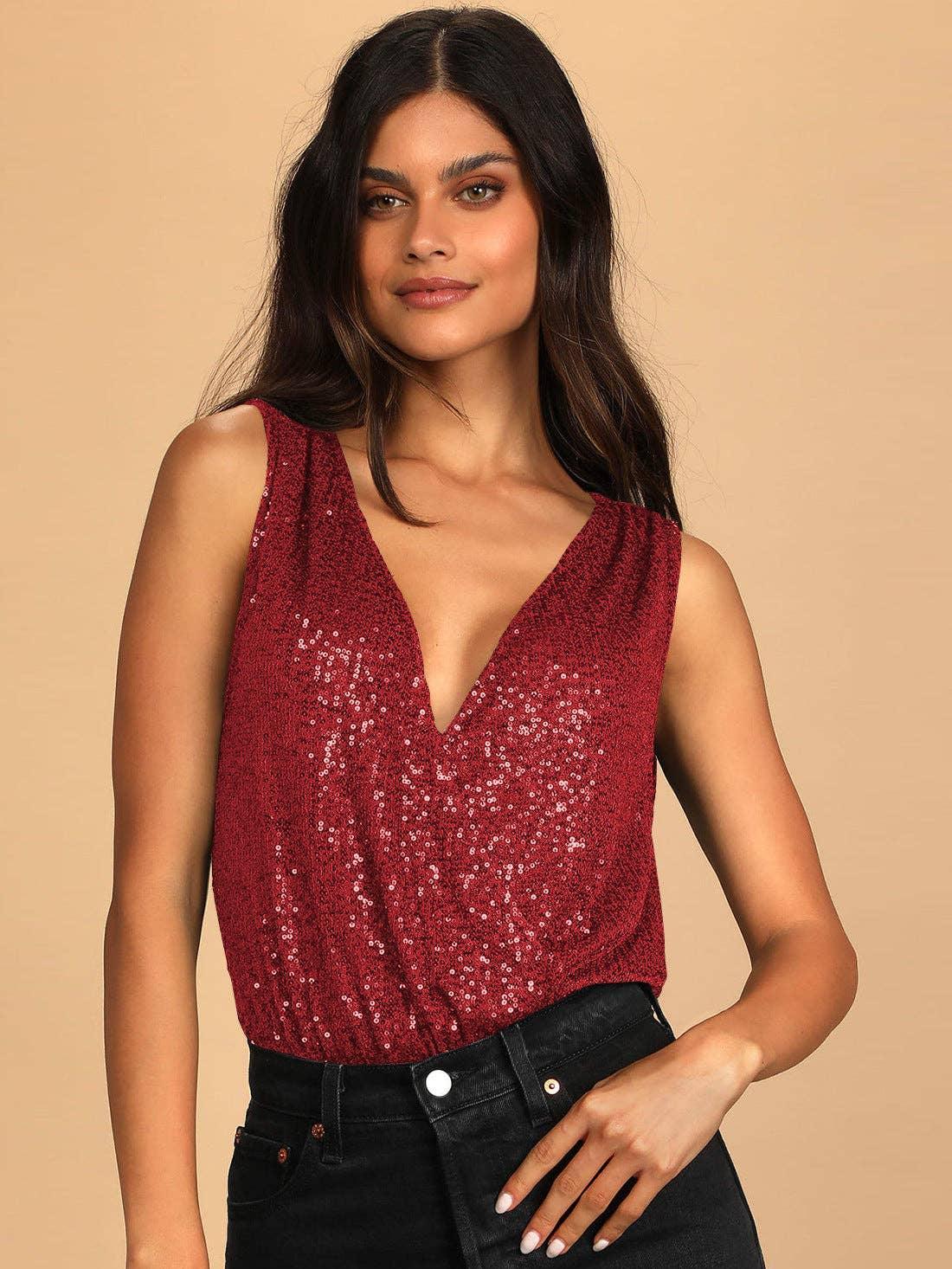 Ladies Sparkly Sequin Sleeveless V-Neck Bodysuit GKCM - SWEETKAMA