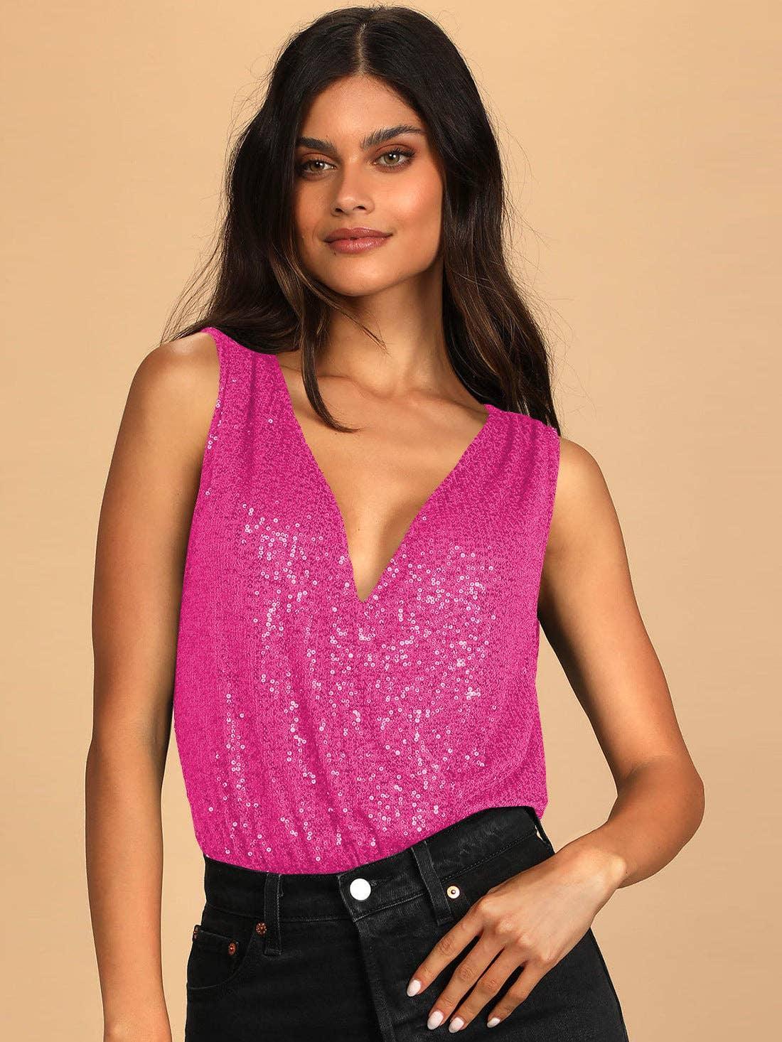 Ladies Sparkly Sequin Sleeveless V-Neck Bodysuit GKCM - SWEETKAMA