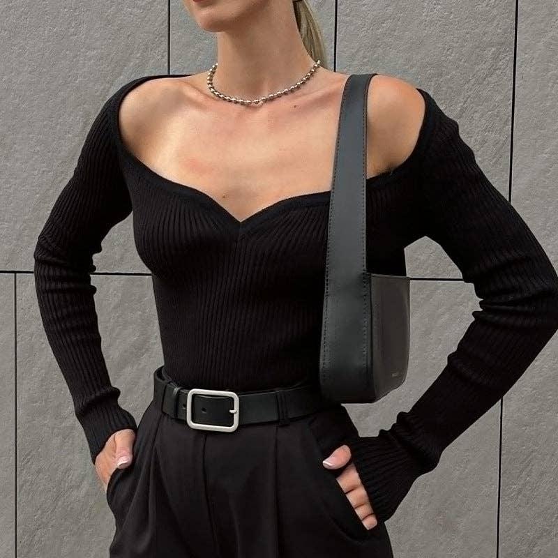 Ladies Square Collar Solid Color Slim Fit Knit Top FQT887 - SWEETKAMA