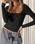 Ladies Square Neck Solid Color Casual Tee ESVO - SWEETKAMA
