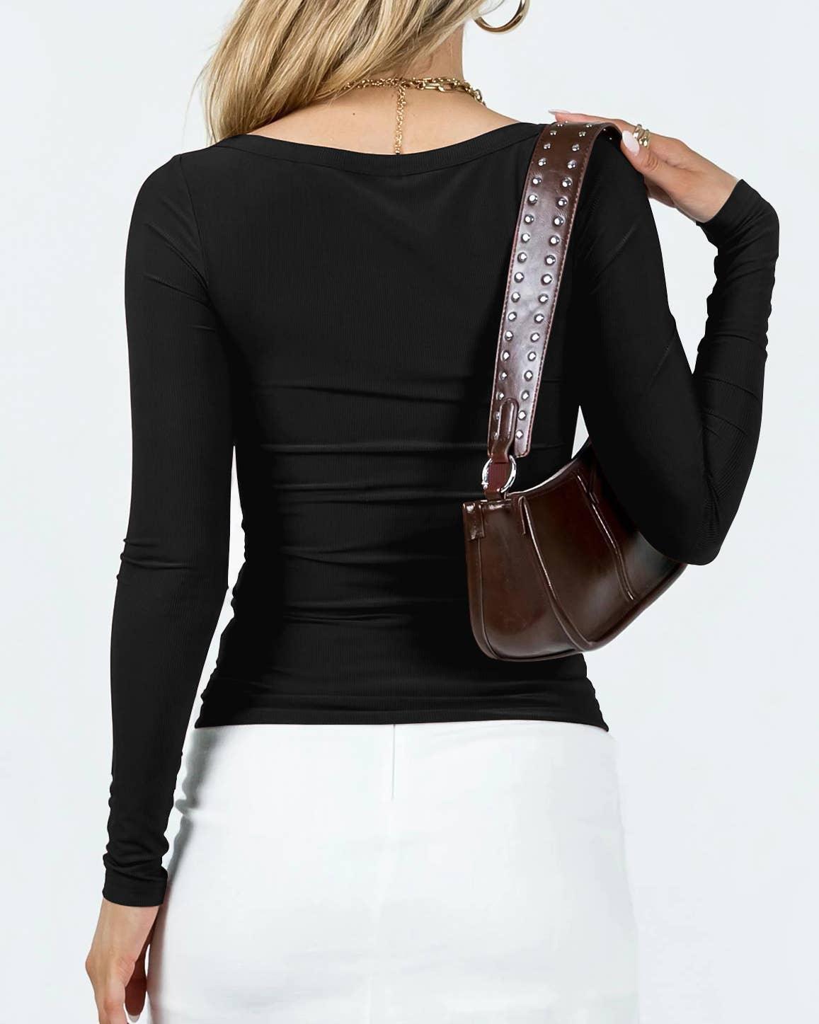 Ladies Square Neck Solid Color Casual Tee ESVO - SWEETKAMA