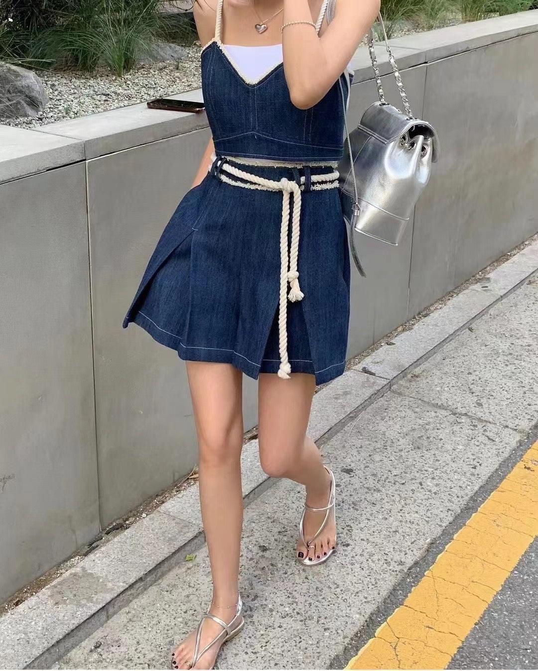 Ladies Strape Shoulder Denim Mini Dress SKST392 - SWEETKAMA