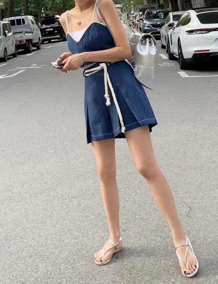 Ladies Strape Shoulder Denim Mini Dress SKST392 - SWEETKAMA