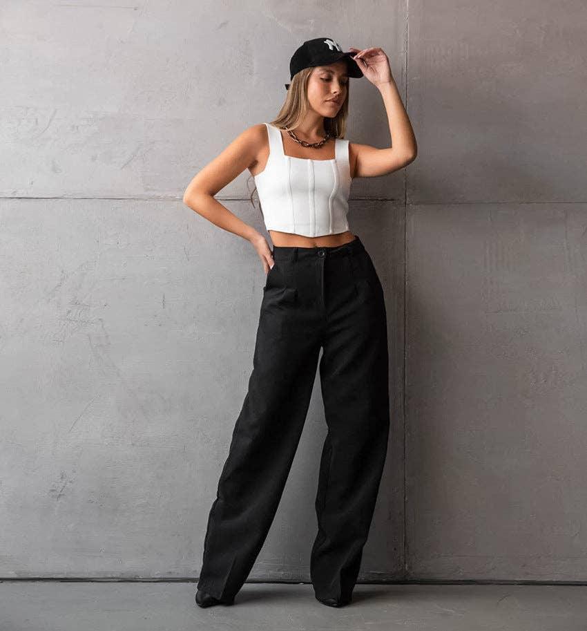 Ladies Stright Leg High Waist Loose Casual Pants C-K2311 - SWEETKAMA