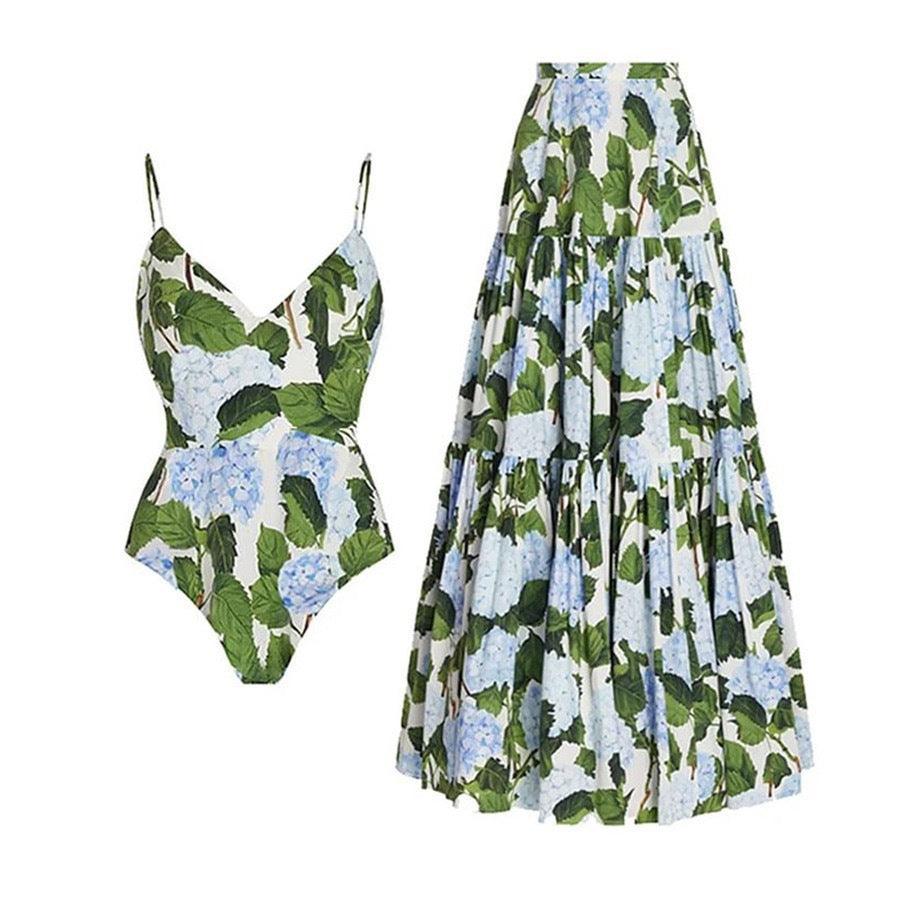 Ladies String Strap One Piece Swimwear with Skirt Y195 - SWEETKAMA