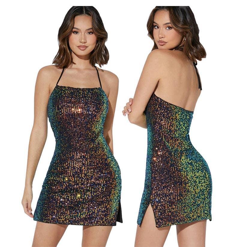 Ladies String Tie Backless Sequined Dress R9090 - SWEETKAMA