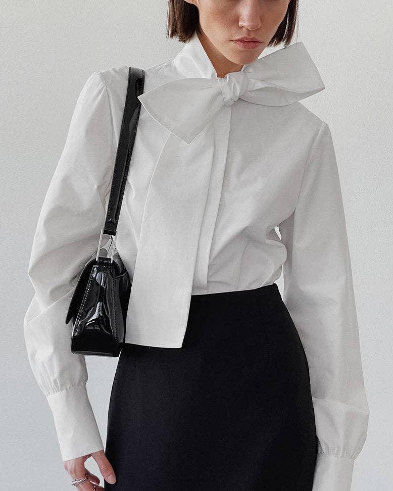 Ladies String Tie Stand Collar Daily Shirt CY1385 - SWEETKAMA