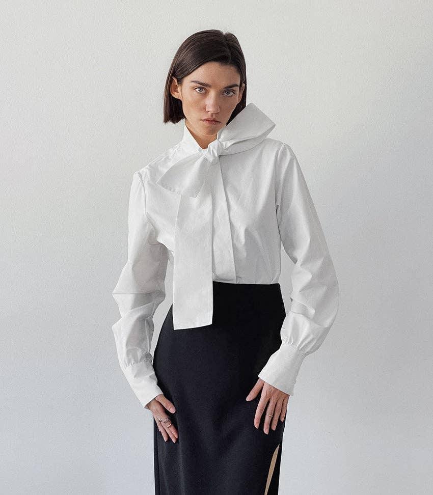 Ladies String Tie Stand Collar Daily Shirt CY1385 - SWEETKAMA