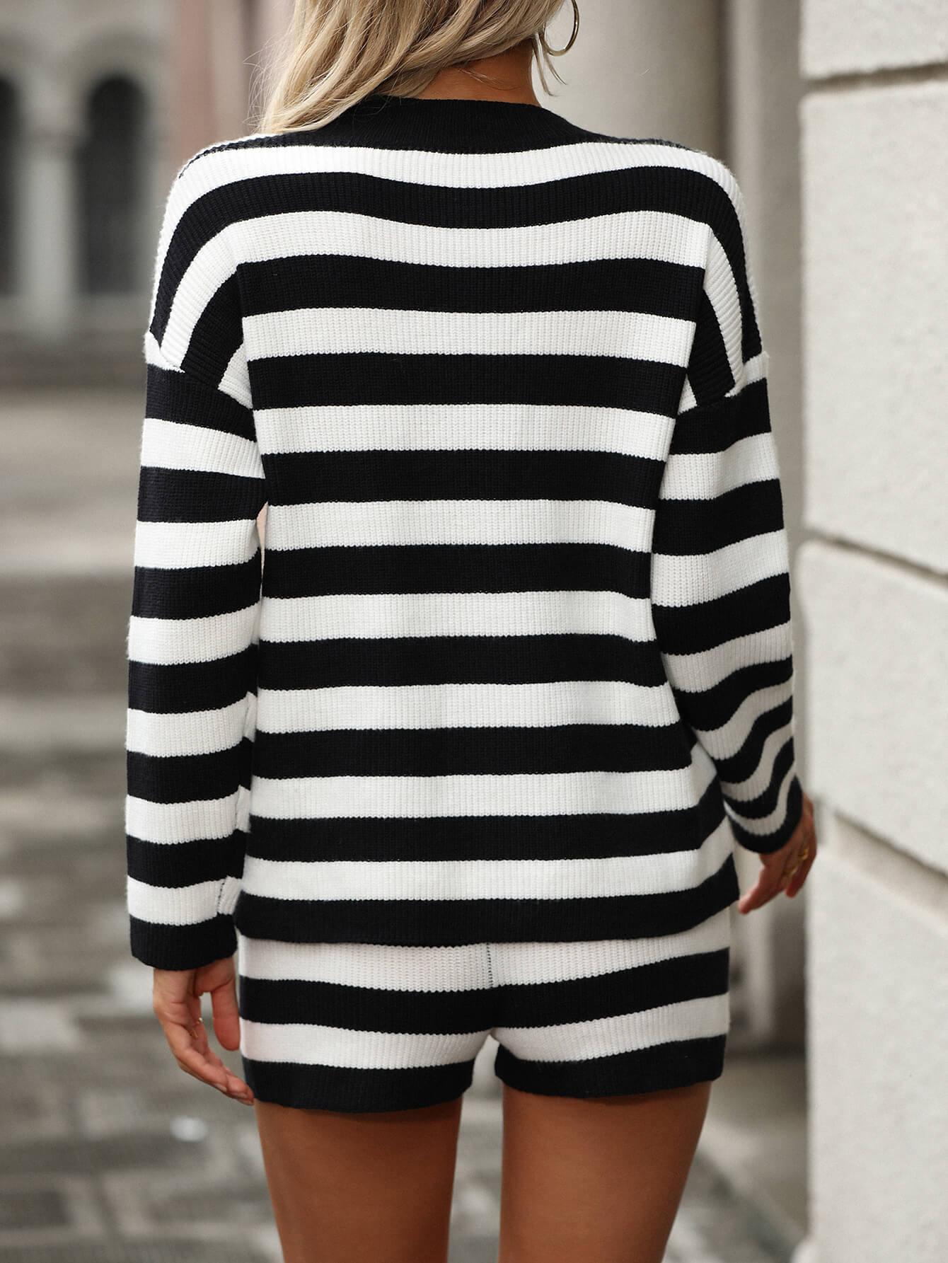 Ladies Stripe Knit Sweater and Shorts Sets E2365 - SWEETKAMA