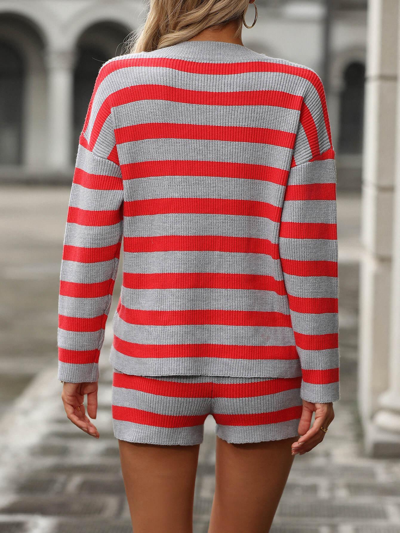Ladies Stripe Knit Sweater and Shorts Sets E2365 - SWEETKAMA