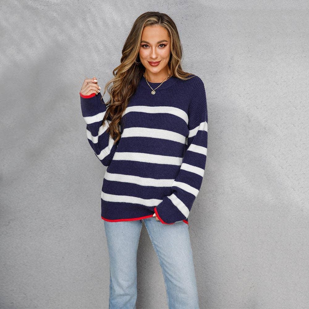 Ladies Stripe Print Long Sleeves Round Neck Top T9055 - SWEETKAMA