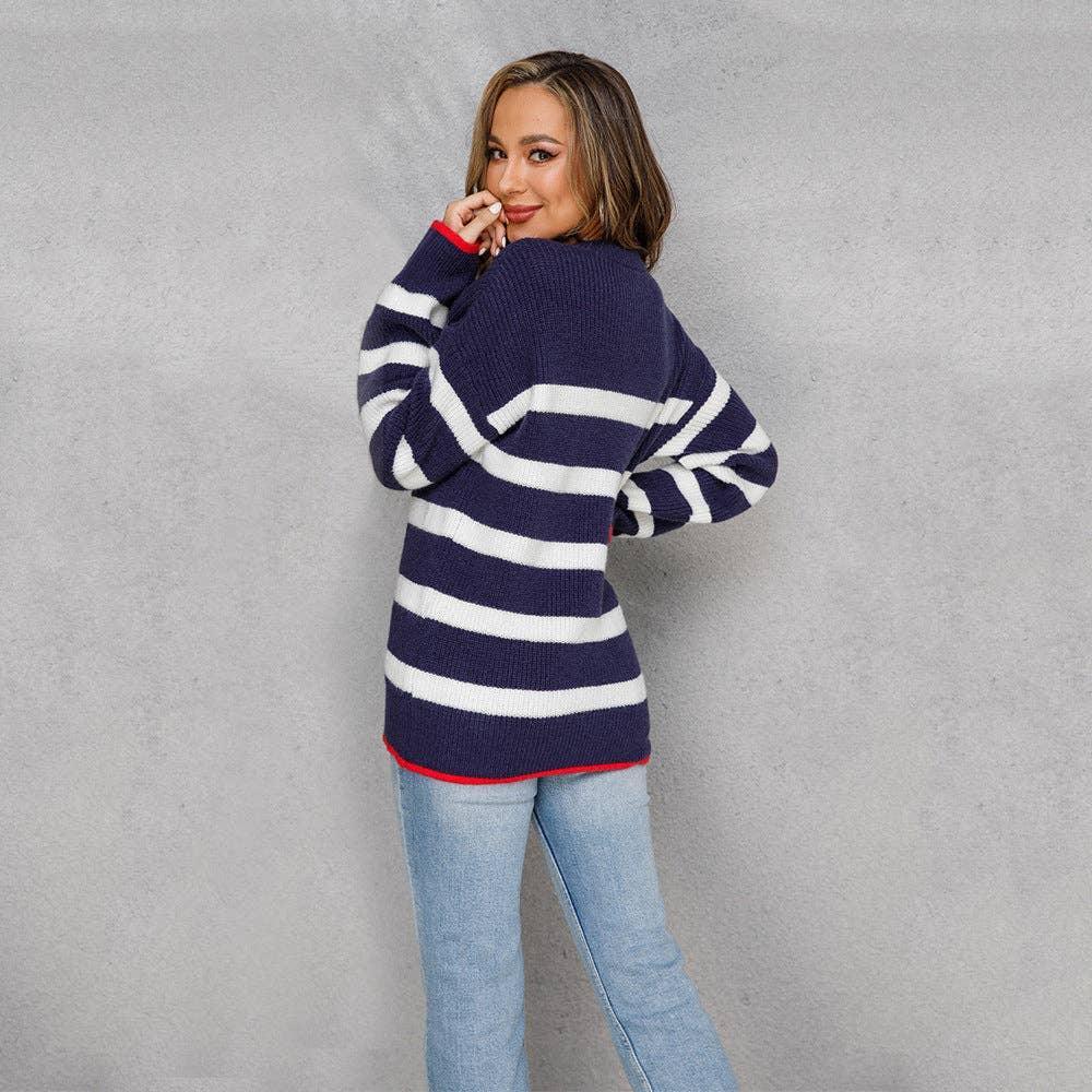 Ladies Stripe Print Long Sleeves Round Neck Top T9055 - SWEETKAMA