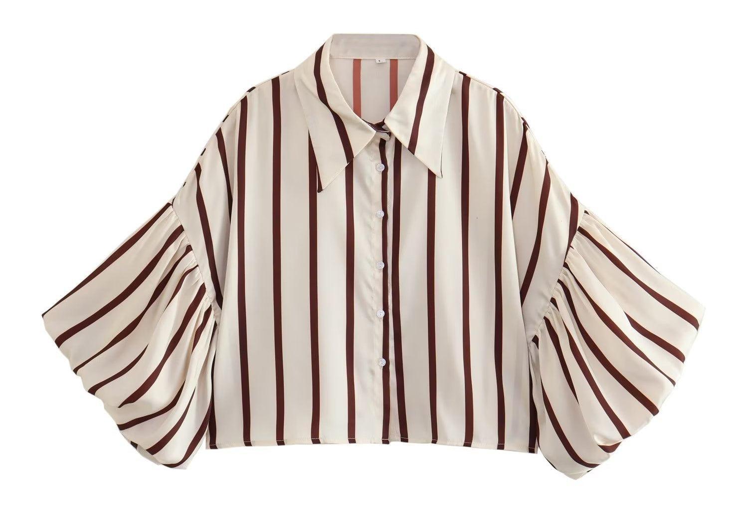 Ladies Striped Puff Sleeves Button Shirt SP068 - SWEETKAMA