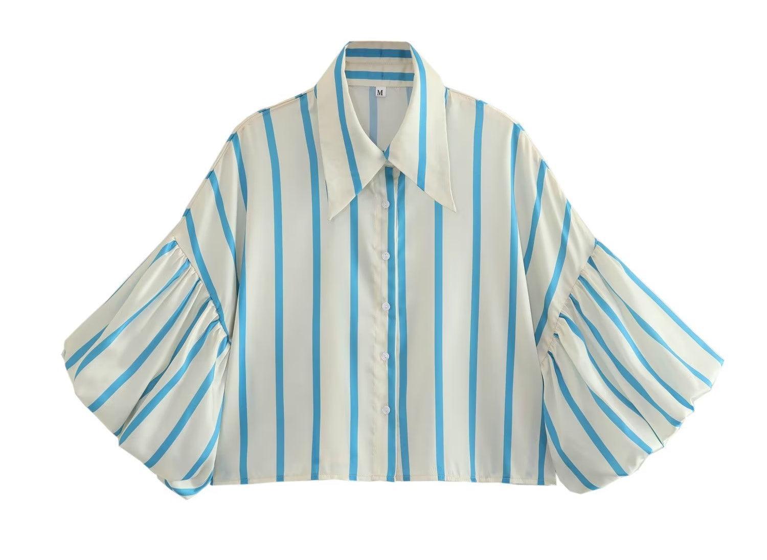 Ladies Striped Puff Sleeves Button Shirt SP068 - SWEETKAMA