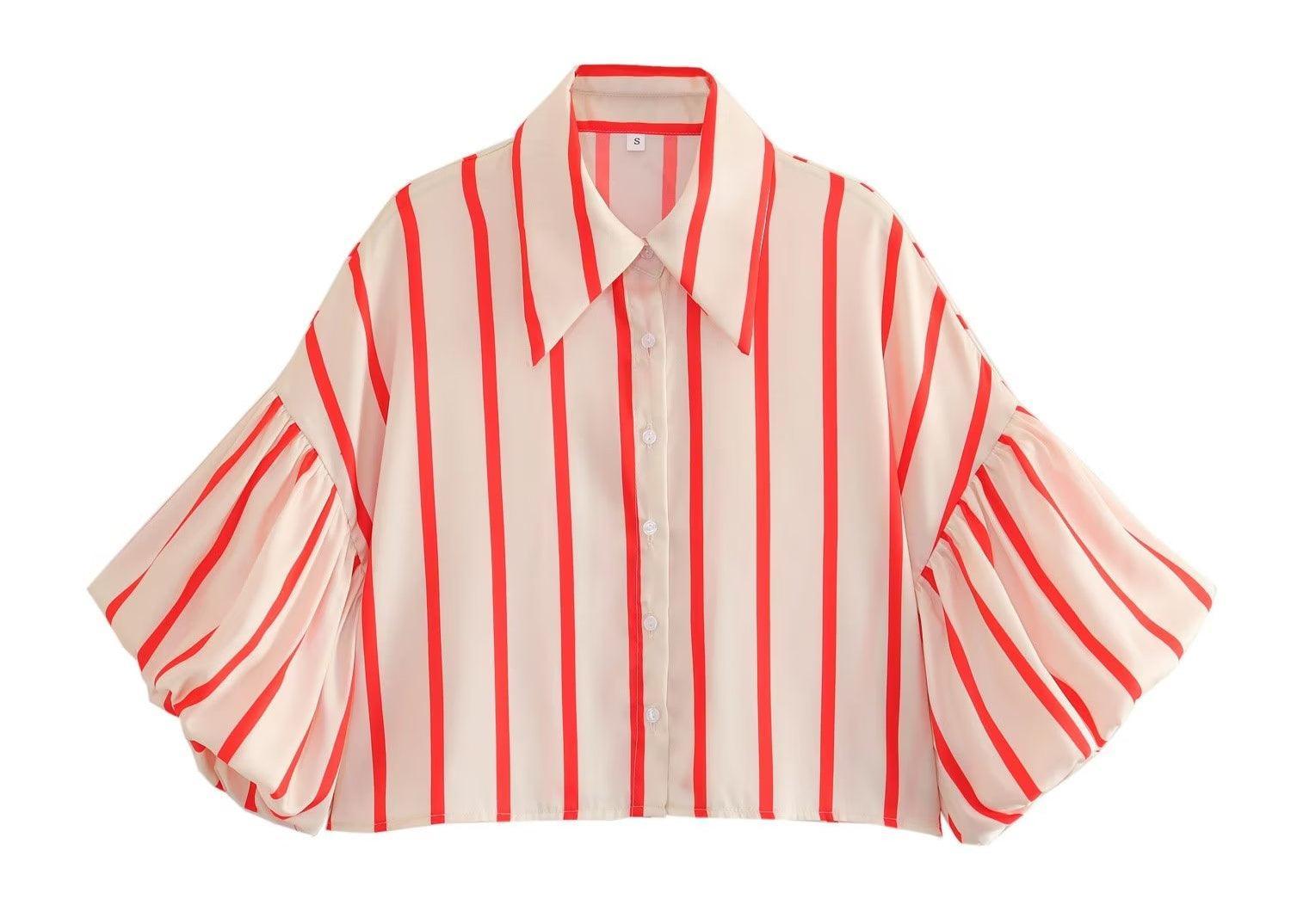 Ladies Striped Puff Sleeves Button Shirt SP068 - SWEETKAMA