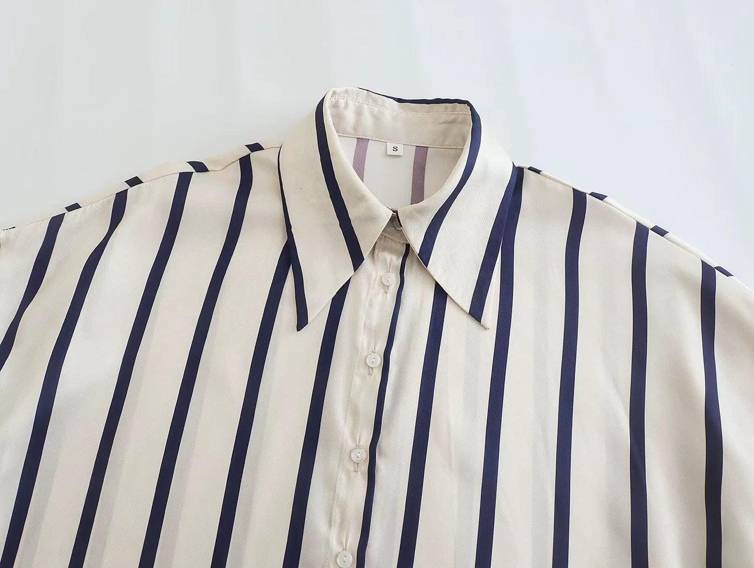 Ladies Striped Puff Sleeves Button Shirt SP068 - SWEETKAMA