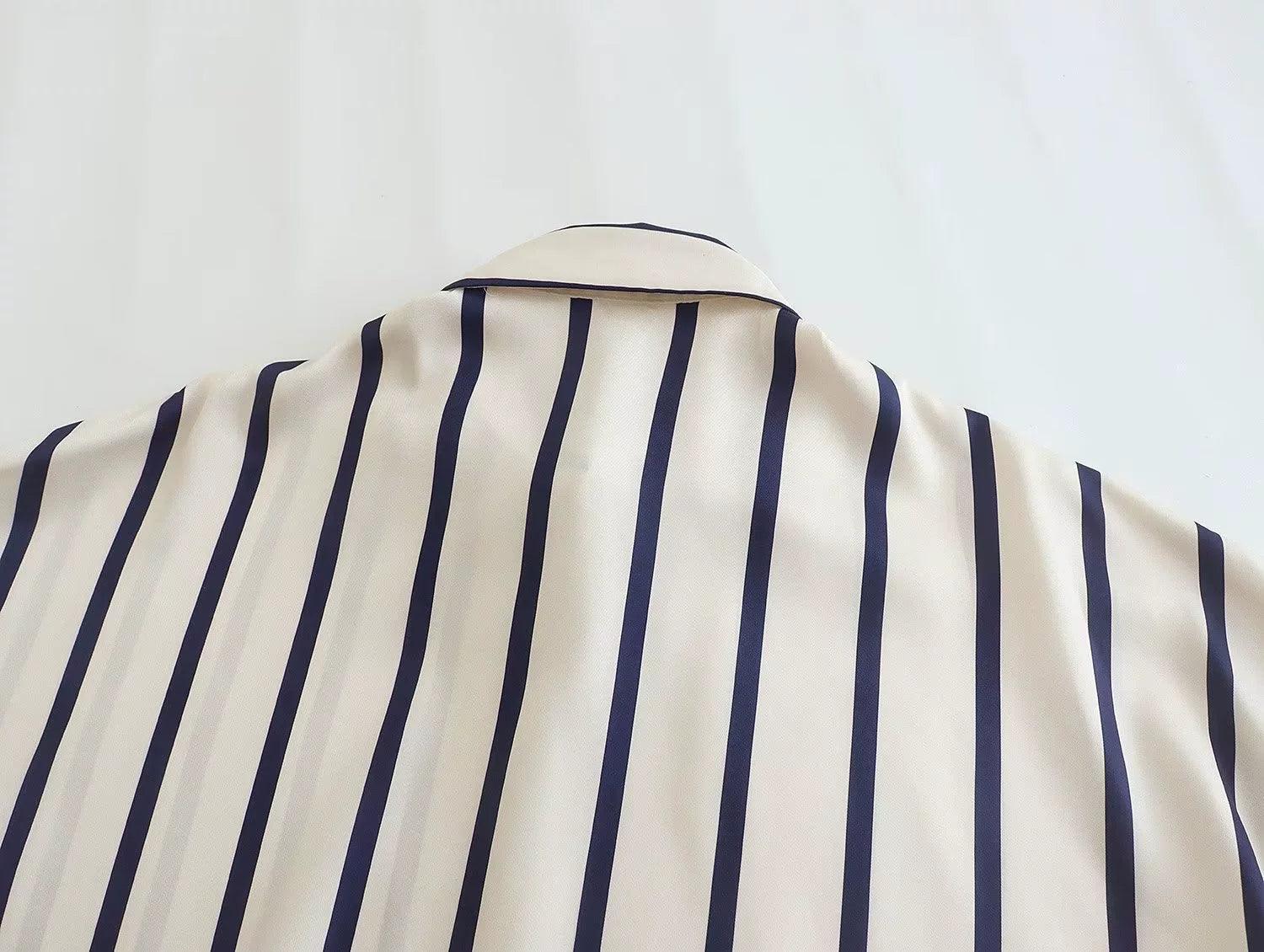 Ladies Striped Puff Sleeves Button Shirt SP068 - SWEETKAMA