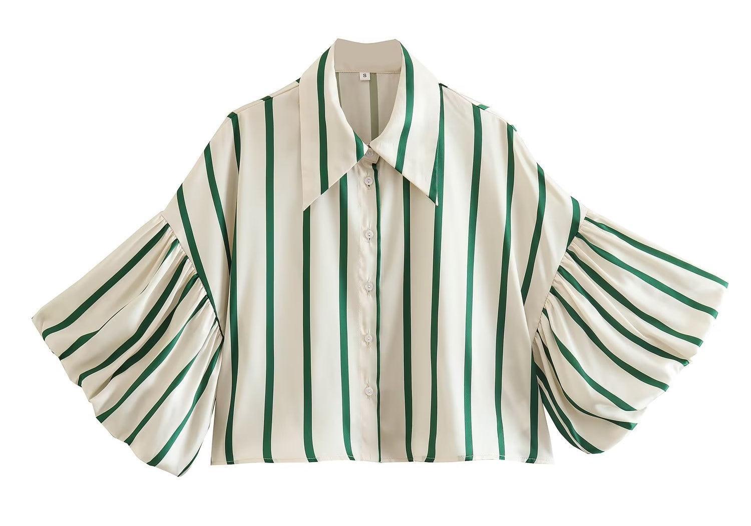 Ladies Striped Puff Sleeves Button Shirt SP068 - SWEETKAMA