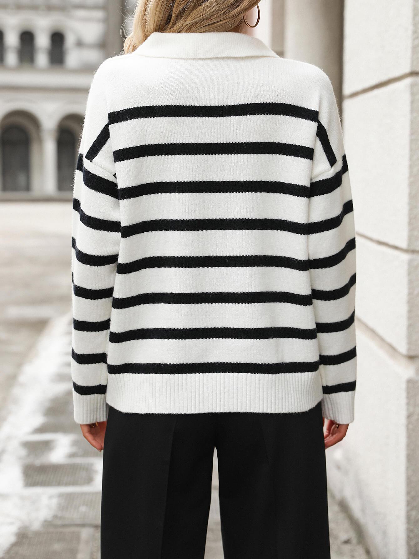 Ladies Striped Turndown Collar Knit Sweater E2374 - SWEETKAMA
