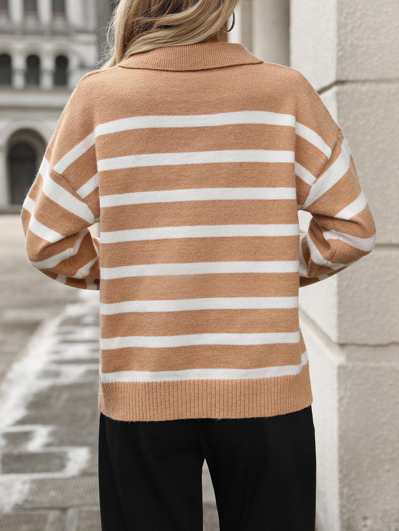 Ladies Striped Turndown Collar Knit Sweater E2374 - SWEETKAMA