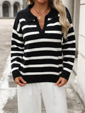 Ladies Striped Turndown Collar Knit Sweater E2374 - SWEETKAMA