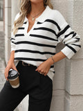 Ladies Striped Turndown Collar Knit Sweater E2374 - SWEETKAMA