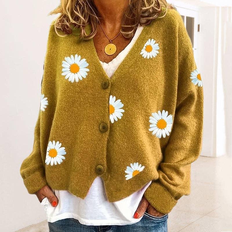 Ladies Sun Flower V-Neck Long Sleeves Sweater 2369 - SWEETKAMA