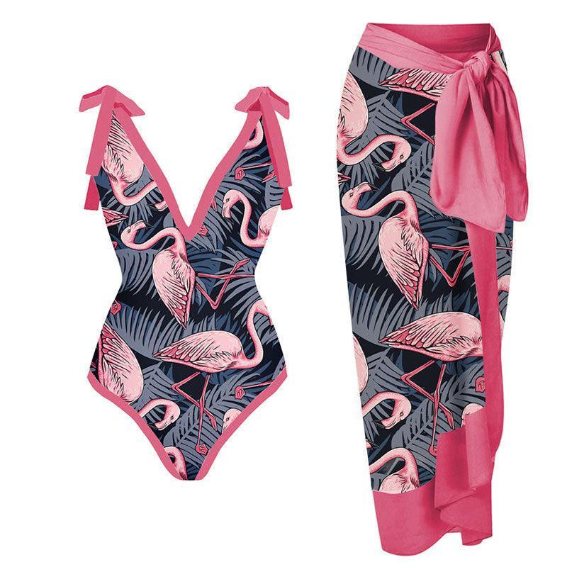 Ladies Tie Shoulder One Piece Swimsuit with Cover Up Y16 - SWEETKAMA