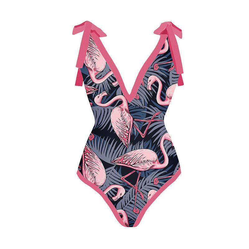 Ladies Tie Shoulder One Piece Swimsuit with Cover Up Y16 - SWEETKAMA