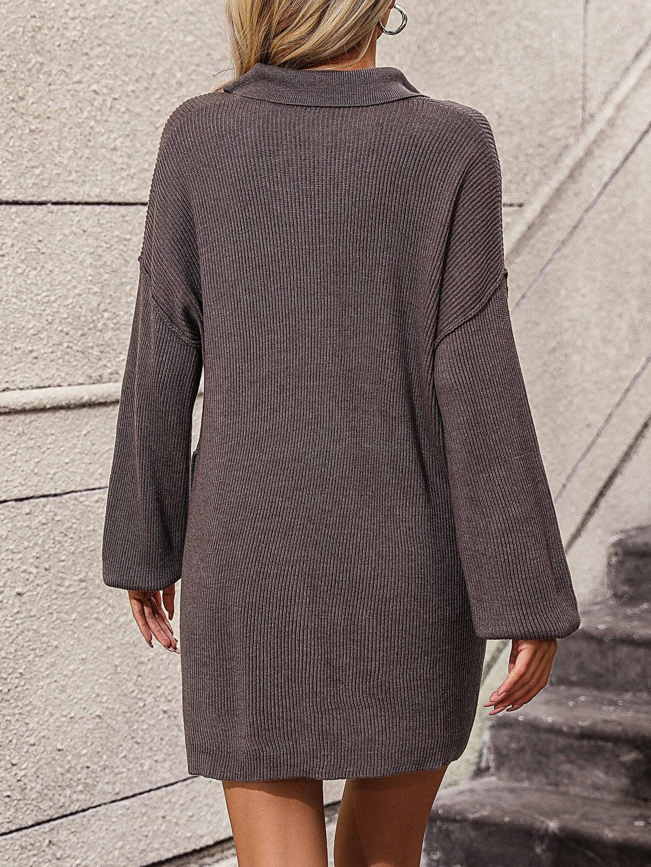 Ladies Turn-Down Collar Daily Short Knit Dress E2332 - SWEETKAMA