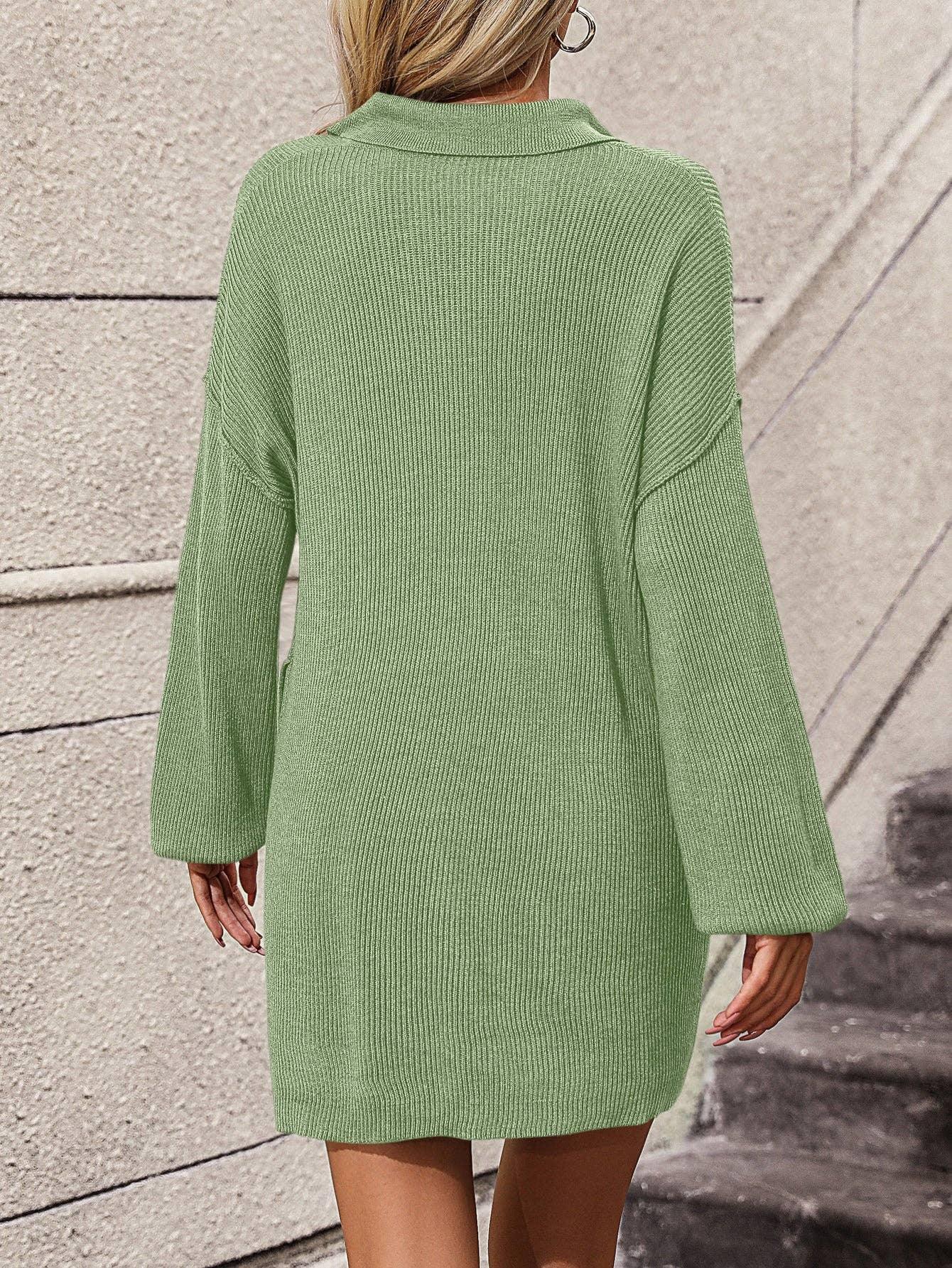 Ladies Turn-Down Collar Daily Short Knit Dress E2332 - SWEETKAMA