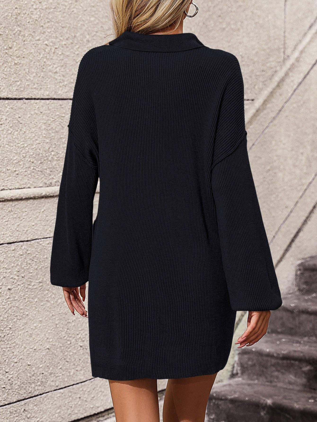 Ladies Turn-Down Collar Daily Short Knit Dress E2332 - SWEETKAMA
