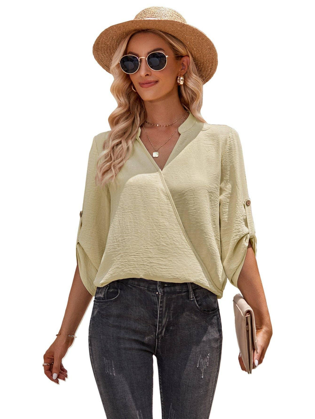 Ladies V-neck Hemming Daily Shirt 233SY53695-SN18 - SWEETKAMA