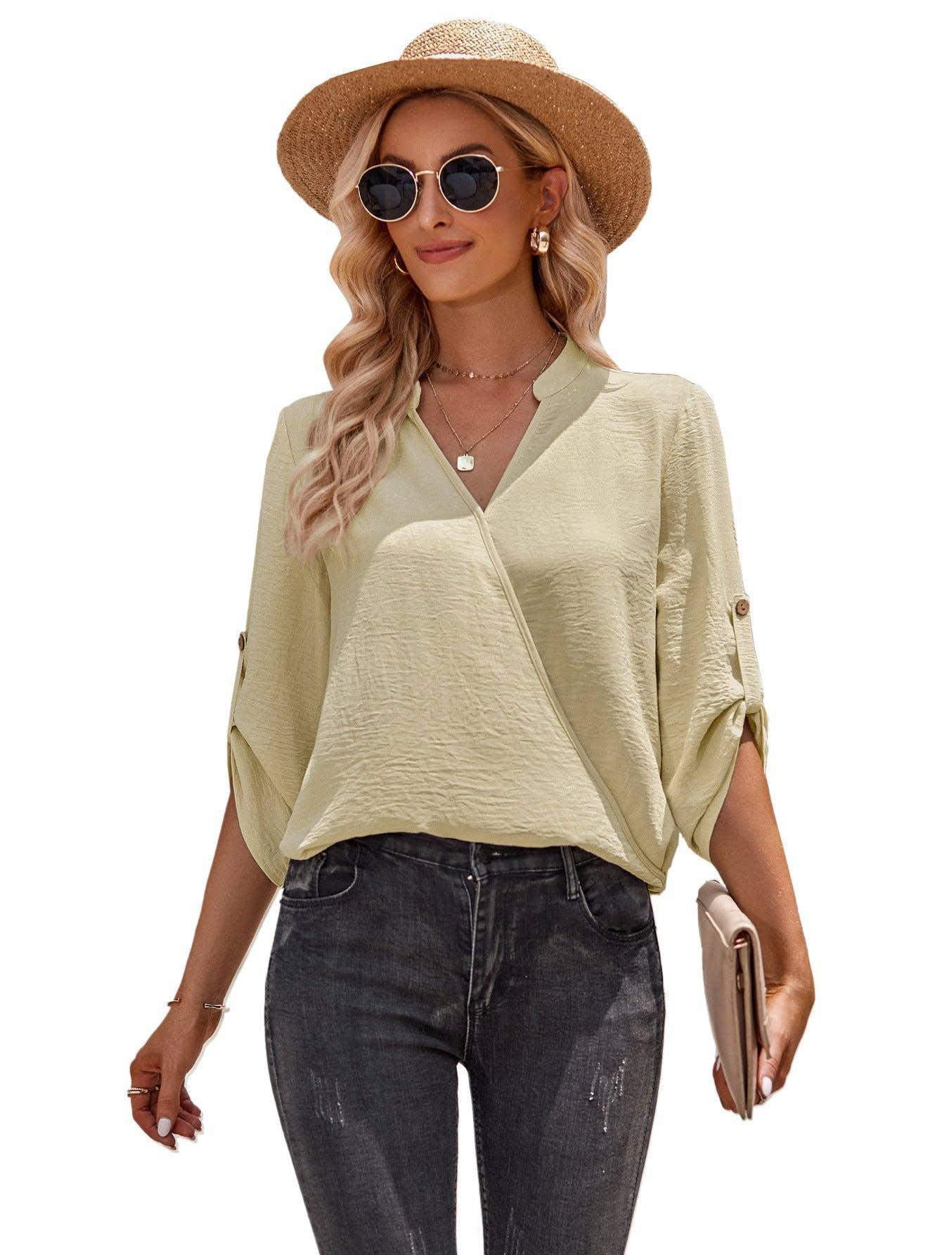 Ladies V-neck Hemming Daily Shirt 233SY53695-SN18 - SWEETKAMA